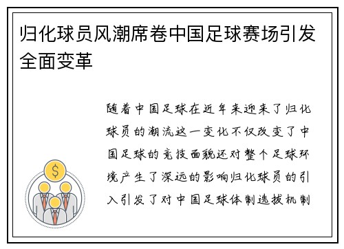 归化球员风潮席卷中国足球赛场引发全面变革